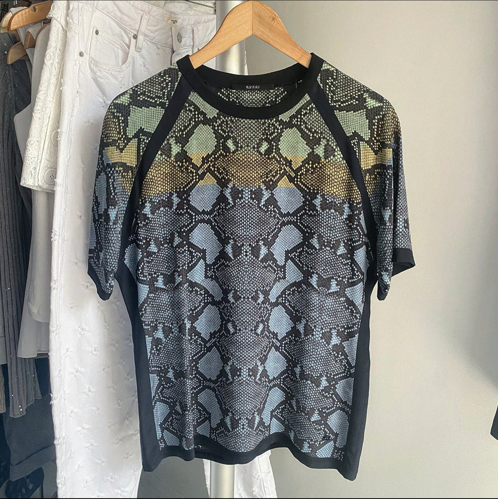 Gucci Blue, Yellow, Green, Python Print Silk Top - S