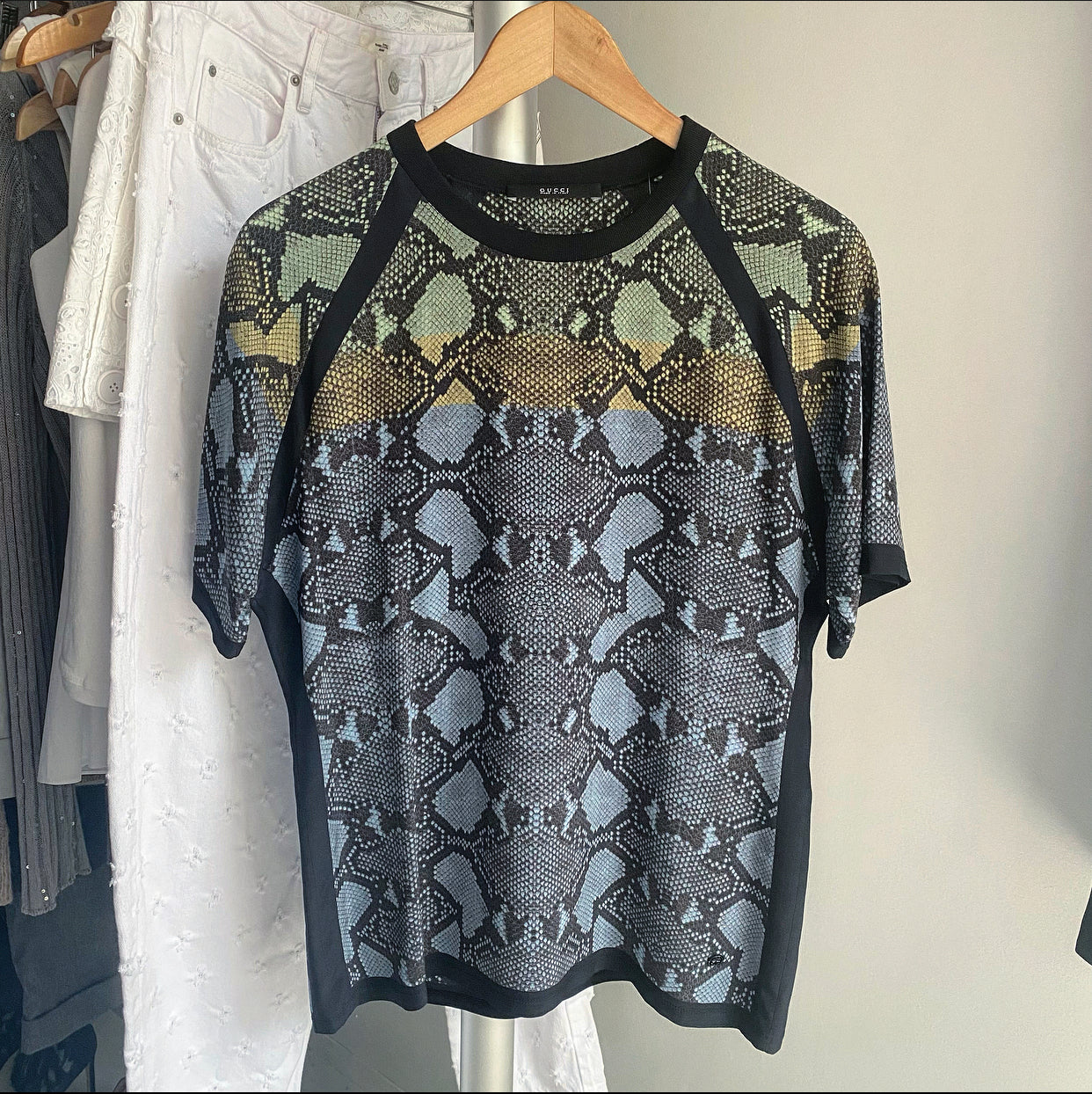 Gucci Blue, Yellow, Green, Python Print Silk Top - S