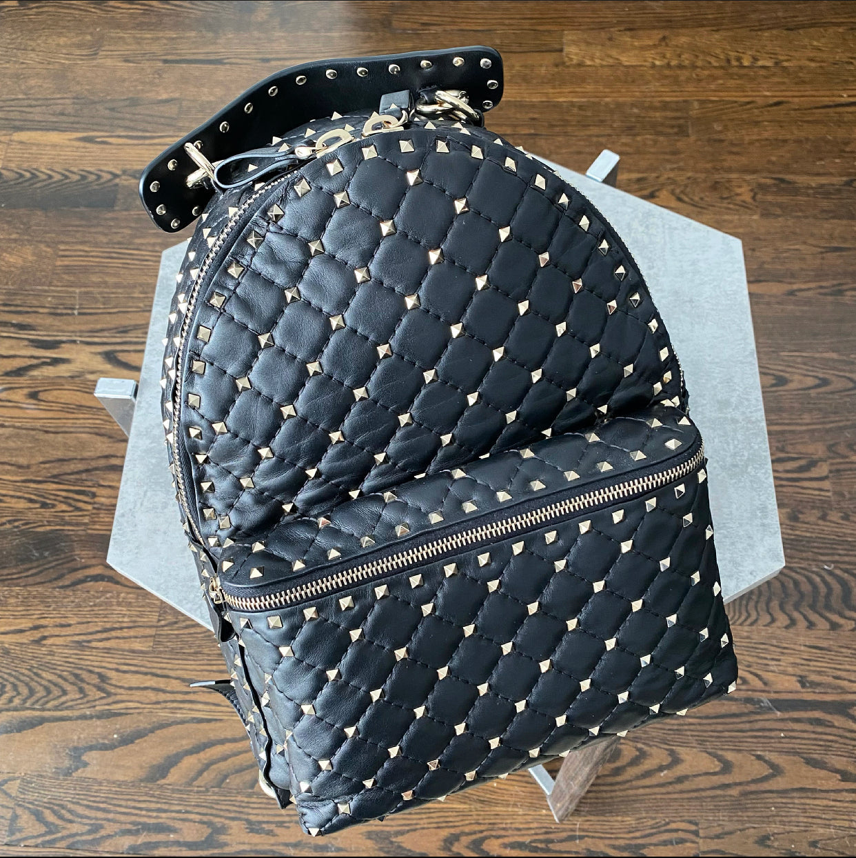 Valentino Black Leather and Gold Rock Stud Small Backpack