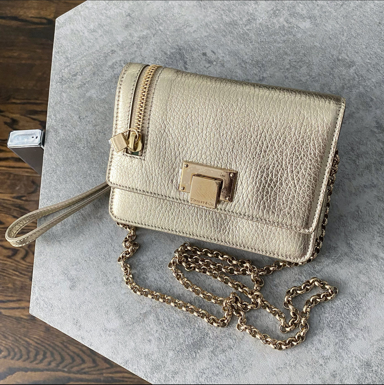 Tiffany & Co. Gold Metallic Small Wristlet Chain Bag