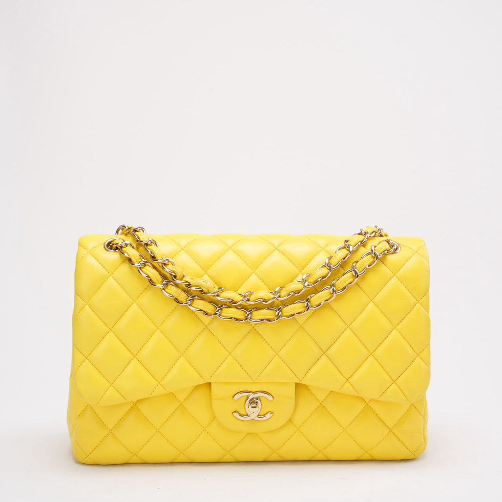 Chanel Yellow Lambskin Quilted Jumbo Double Flap 2011