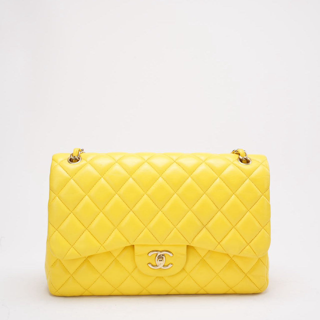 Chanel Yellow Lambskin Quilted Jumbo Double Flap 2011