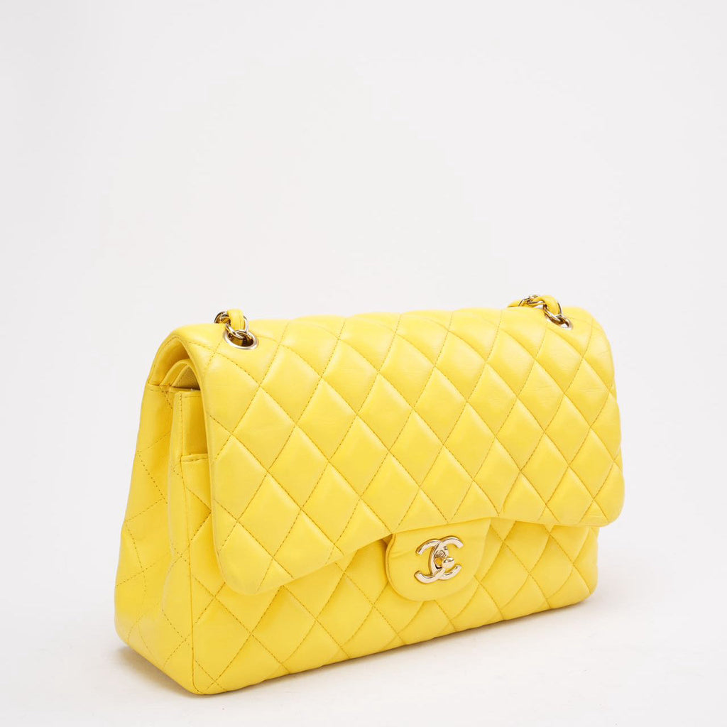 Chanel Yellow Lambskin Quilted Jumbo Double Flap 2011
