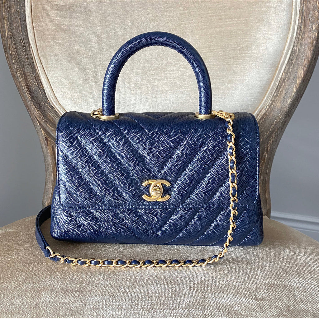 Chanel Navy Caviar Chevron Small Coco Handle Flap Bag