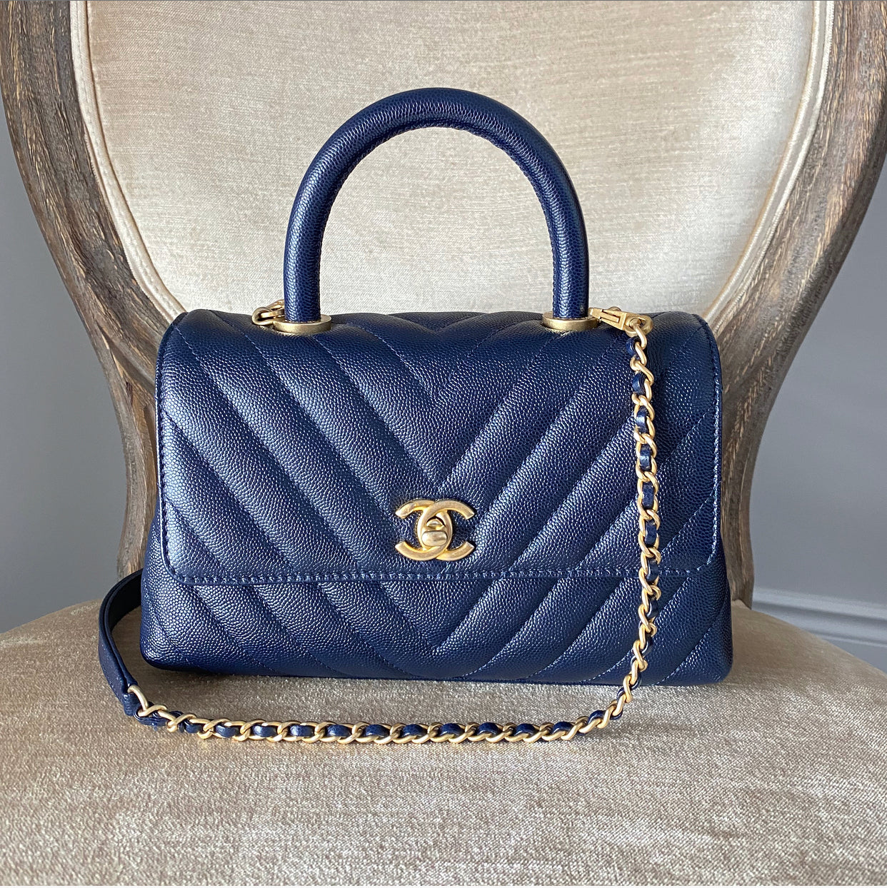 Chanel Navy Caviar Chevron Small Coco Handle Flap Bag