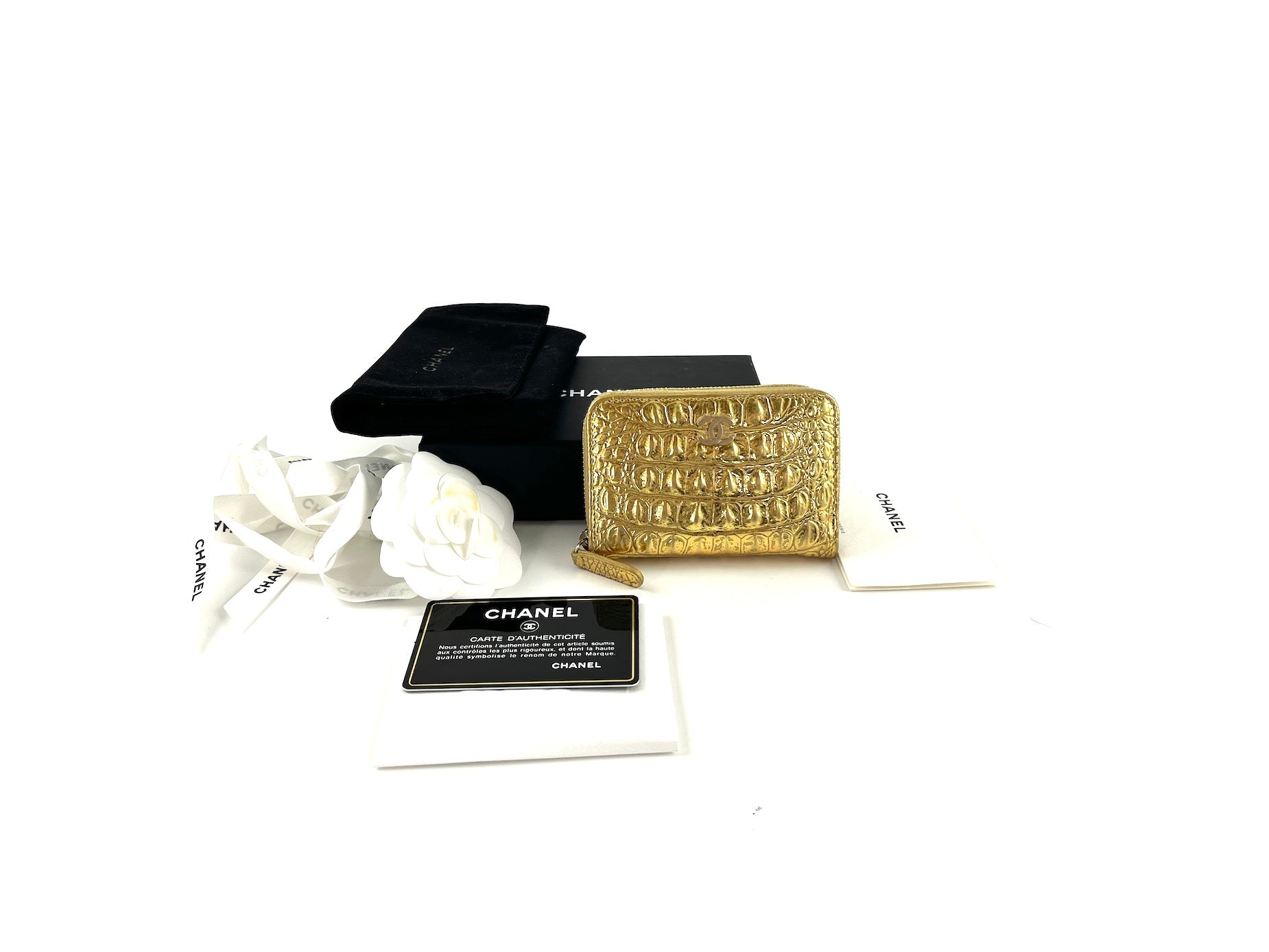 New CHANEL Gold Croc Embossed Zip O Coin Purse Wallet