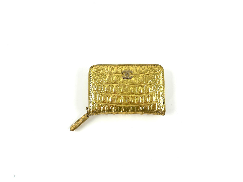 New CHANEL Gold Croc Embossed Zip O Coin Purse Wallet
