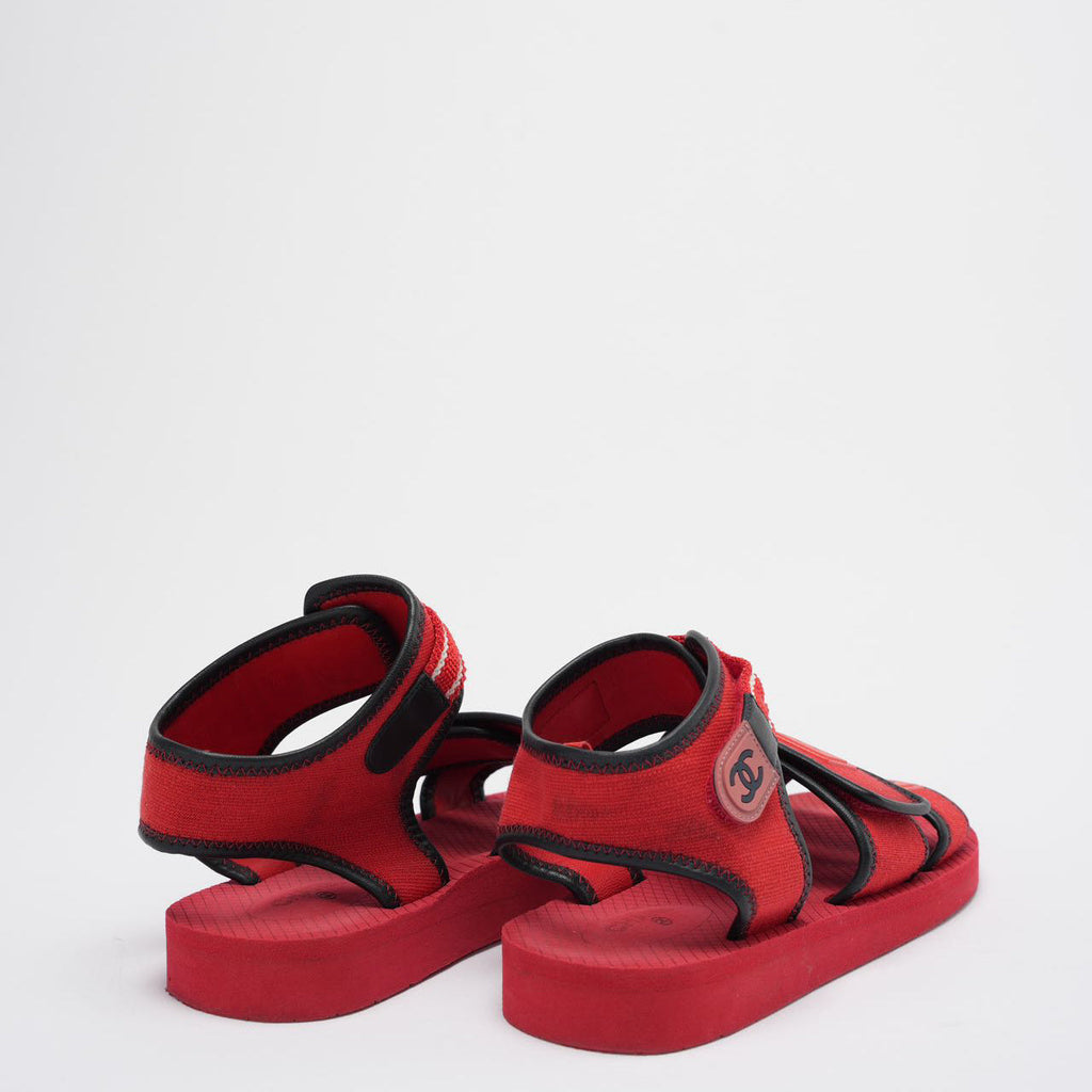 Chanel Red/Black Fabric and Leather Coco Chanel Strap Flat Sandals Size 39