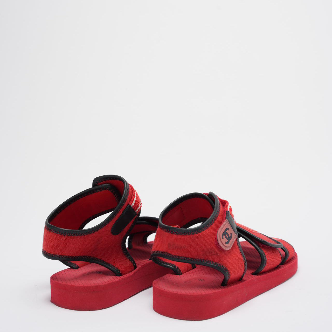 Chanel Red/Black Fabric and Leather Coco Chanel Strap Flat Sandals Size 39