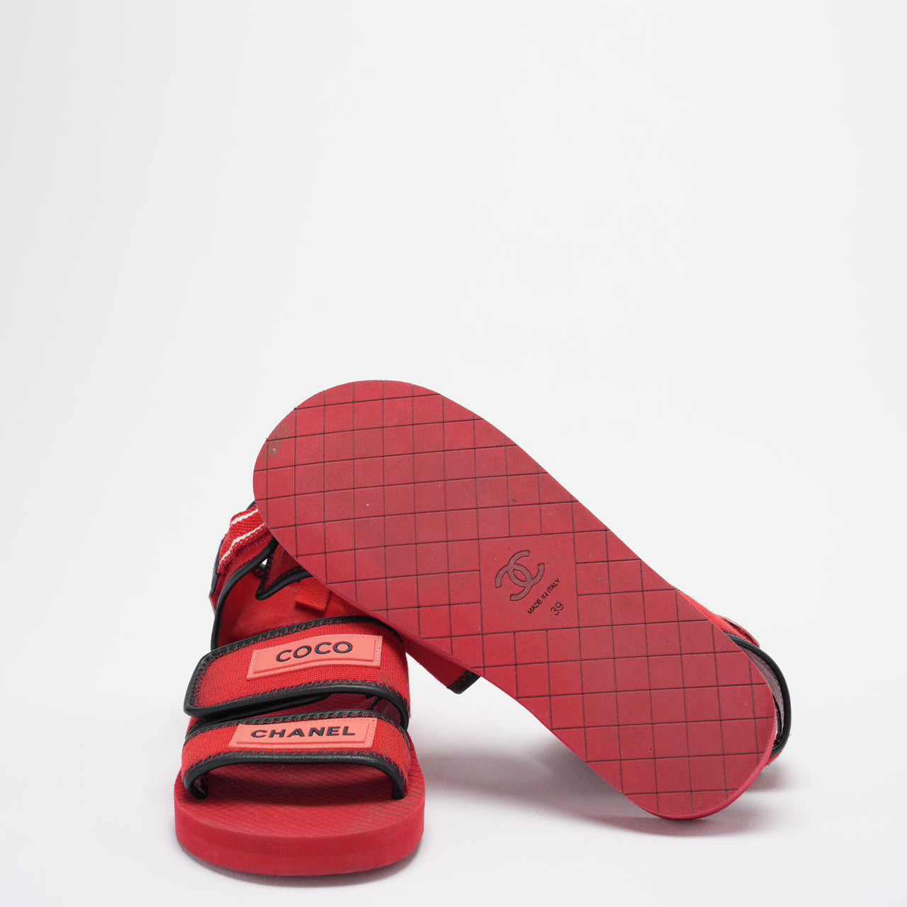 Chanel Red/Black Fabric and Leather Coco Chanel Strap Flat Sandals Size 39