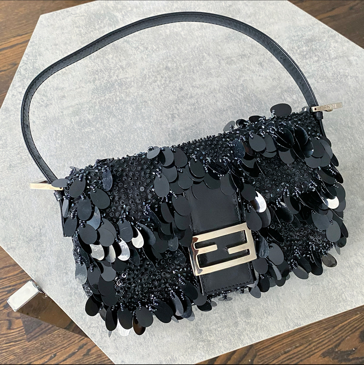 Fendi Vintage Black Bead Paillette Baguette Bag