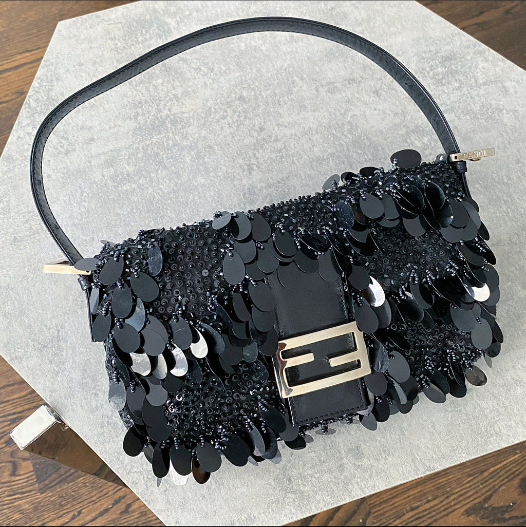Fendi Vintage Black Bead Paillette Baguette Bag