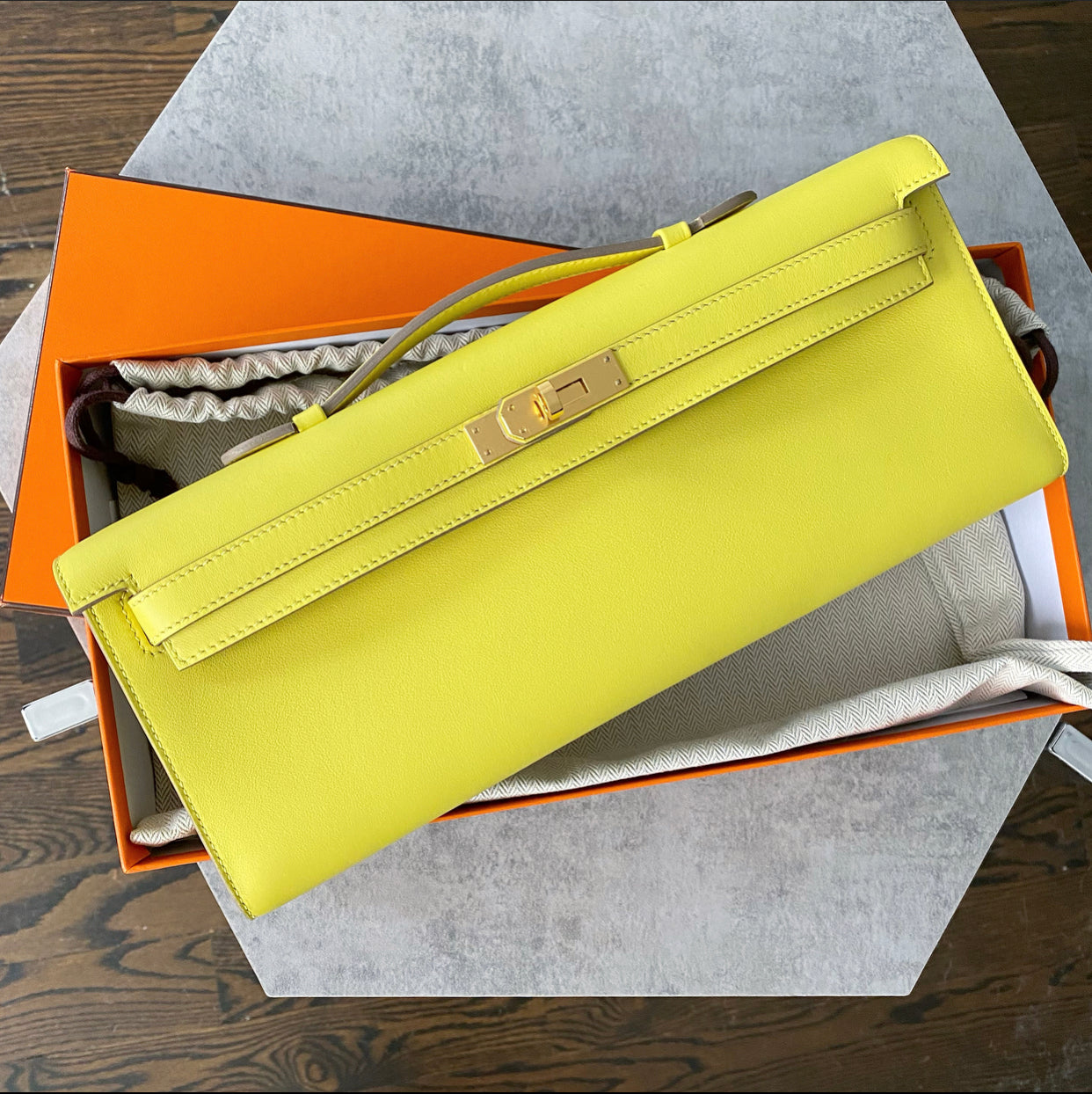 Hermes Lime Pochette Kelly Cut Swift Bag GHW