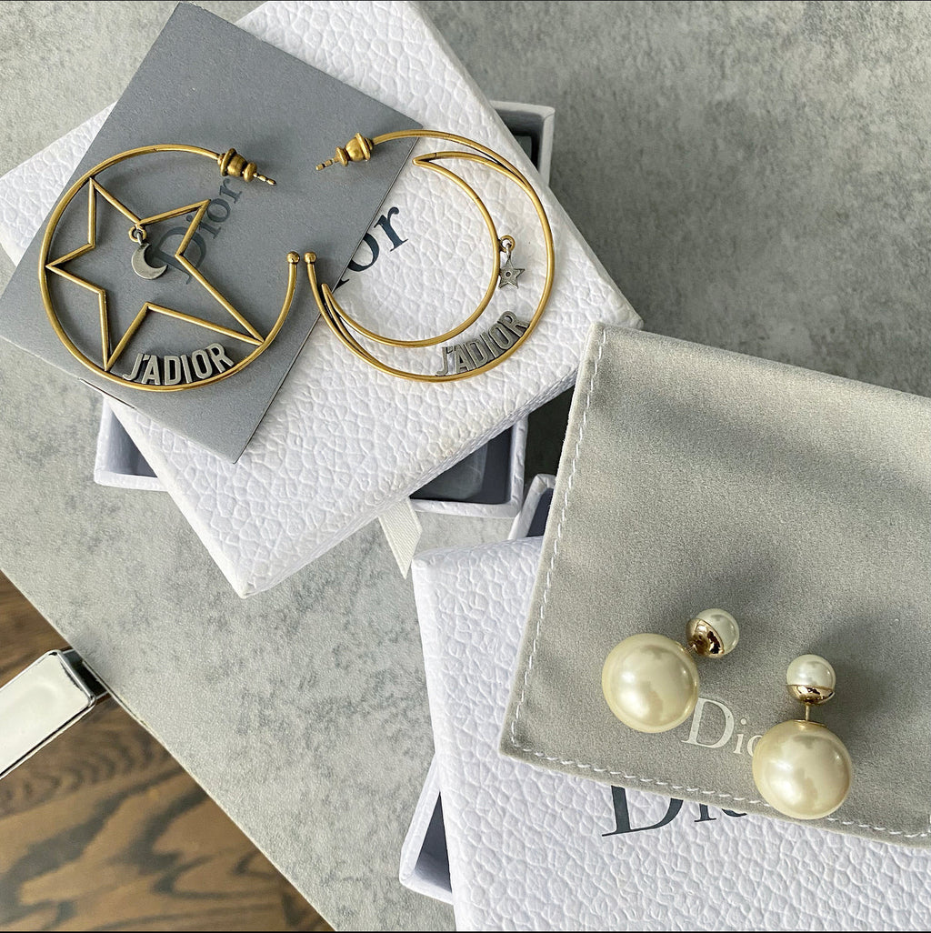 Dior J’Adior Brass Moon Star Logo Hoop Earrings
