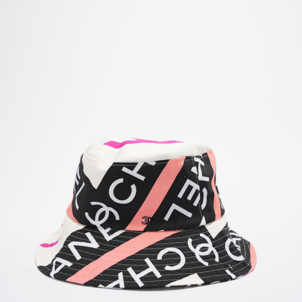 Chanel Cotton Logo Cloche Hat Bucket Hat Ecru / Black / Pink Pre-Loved