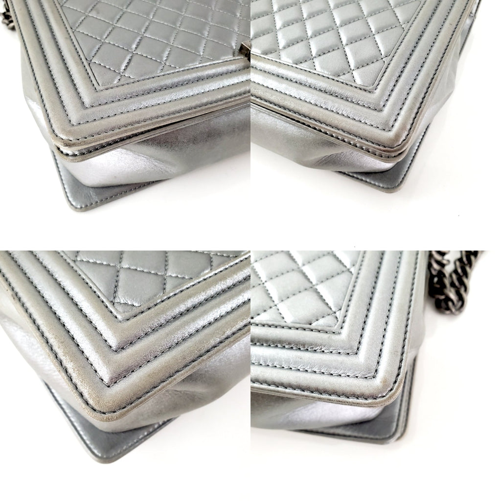 CHANEL Large Metallic Silver Quilted Boy Flap Bag