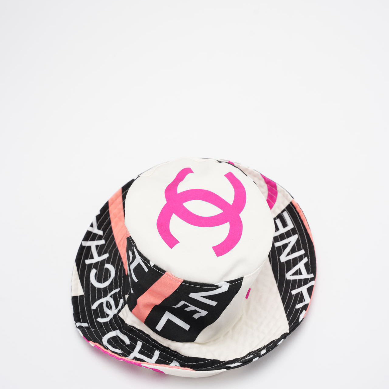 Chanel Cotton Logo Cloche Hat Bucket Hat Ecru / Black / Pink Pre-Loved