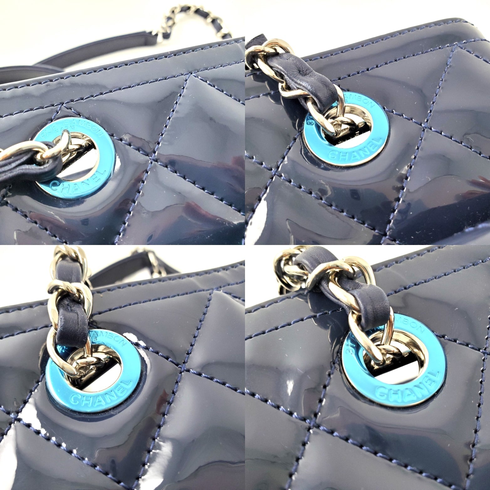 CHANEL Coco Shine Small Navy Quilted Patent Pocket Shopping Tote
