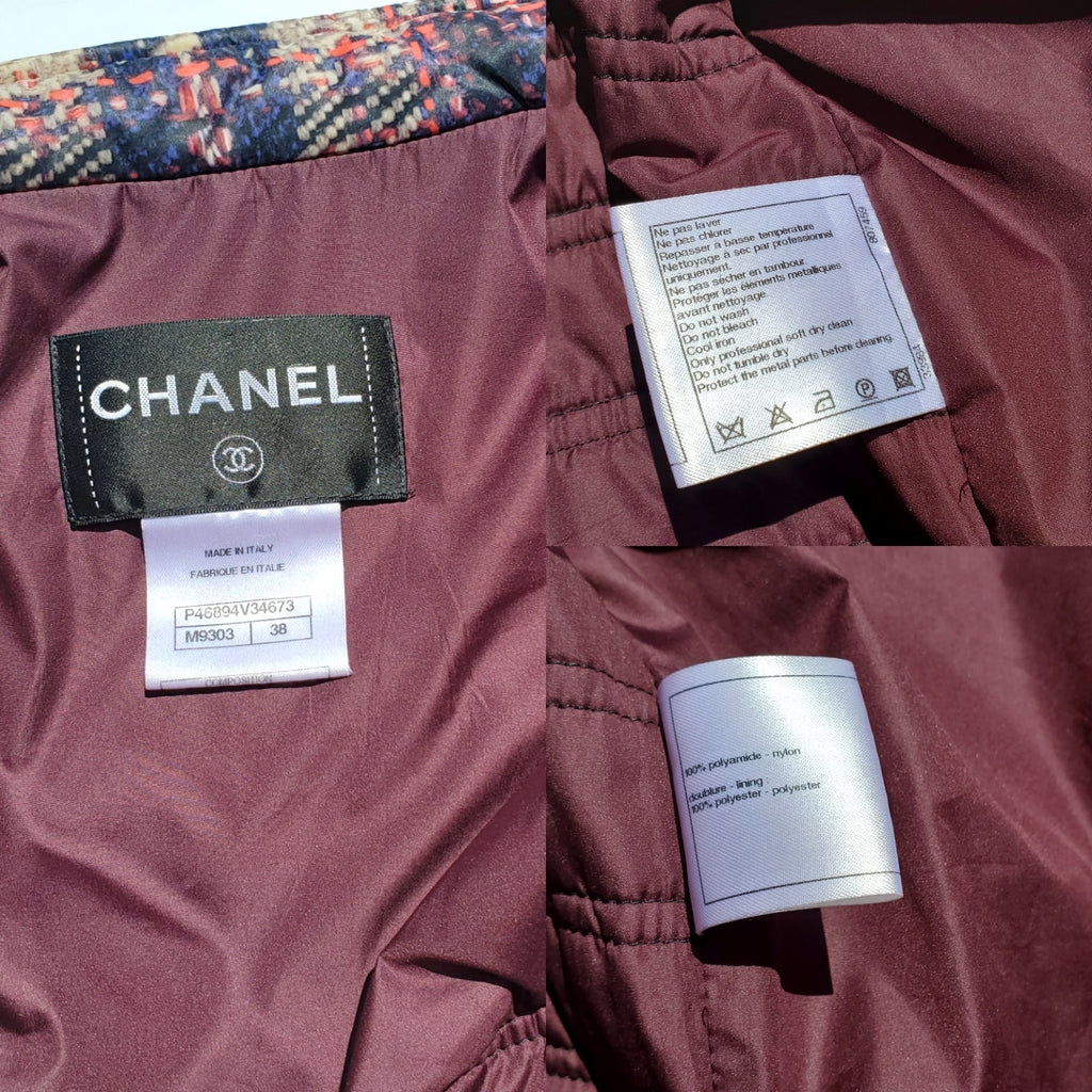 CHANEL 2014 Tweed Print Navy Beige Nylon Hooded Jacket 38