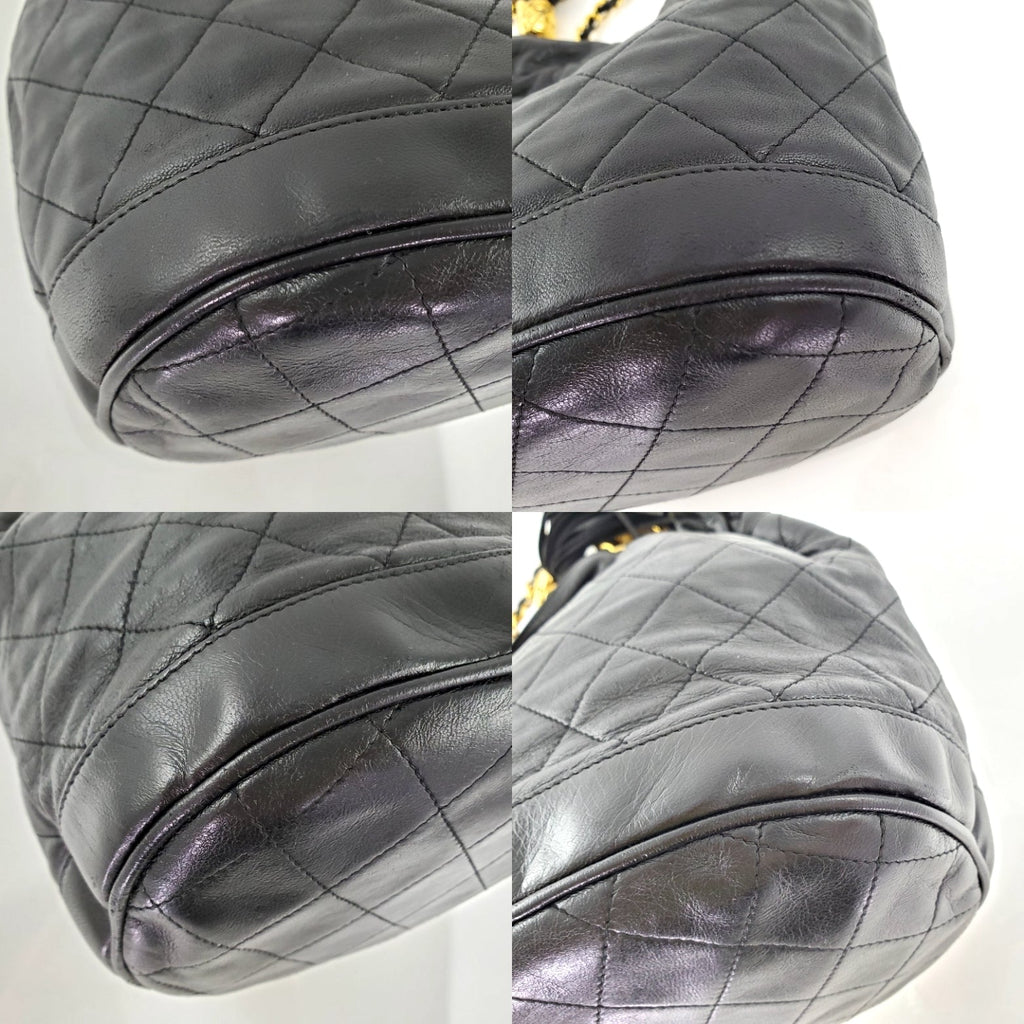 Vintage CHANEL 24k Gold Black Leather Quilted Bucket Bag