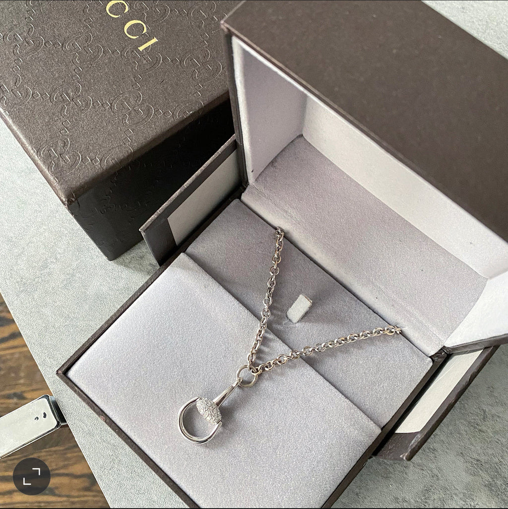 Gucci 18k White Gold and Diamond Horsebit Necklace