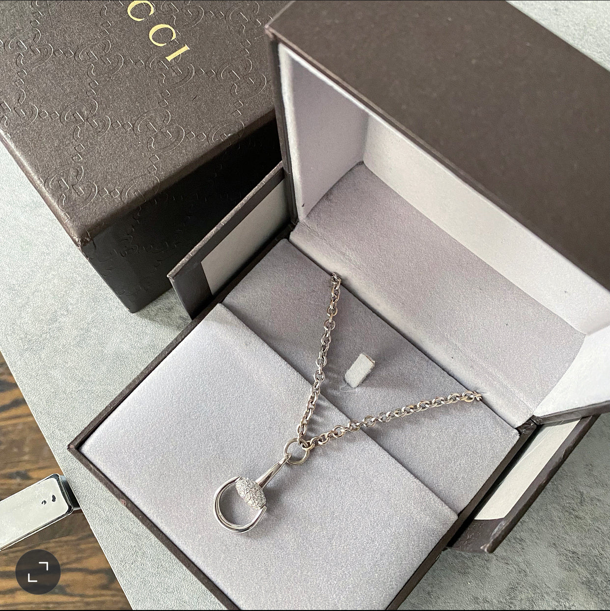 Gucci 18k White Gold and Diamond Horsebit Necklace