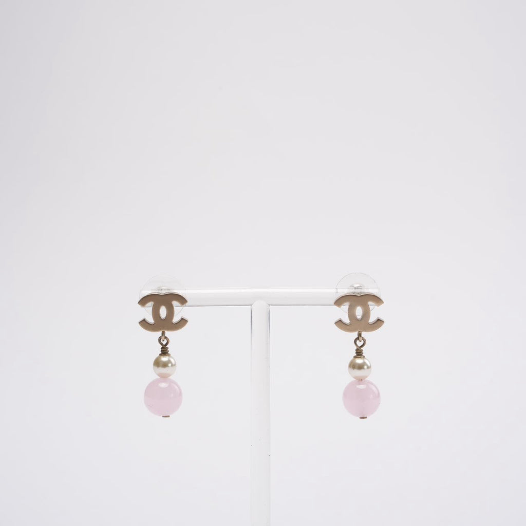 Chanel Gold Plated Faux Pearl & Pink Bead CC Drop Earrings
