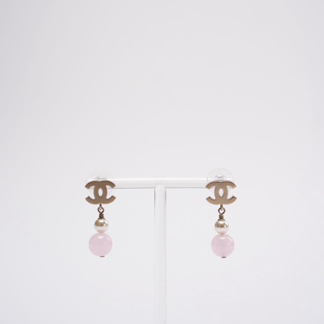 Chanel Gold Plated Faux Pearl & Pink Bead CC Drop Earrings