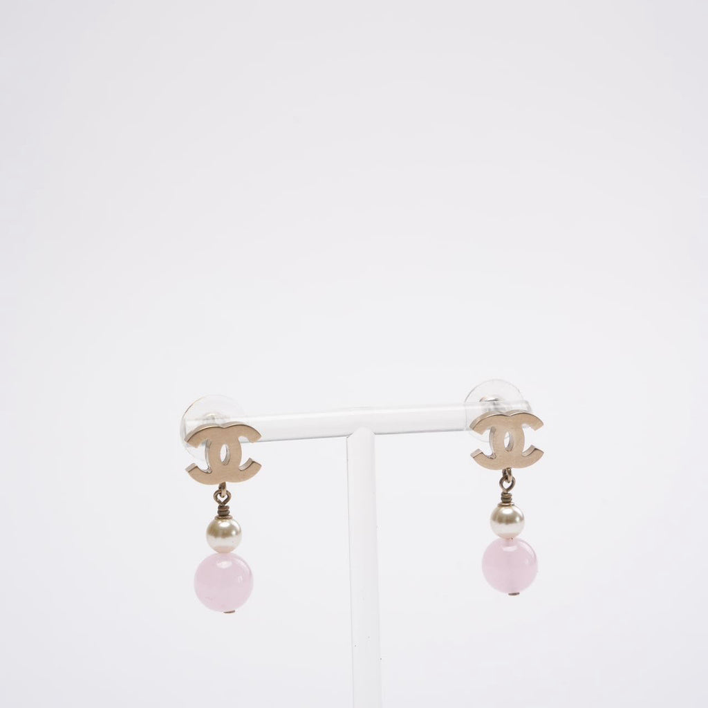 Chanel Gold Plated Faux Pearl & Pink Bead CC Drop Earrings