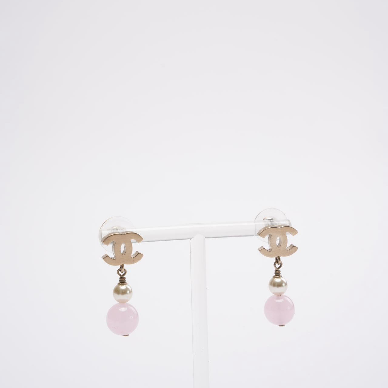 Chanel Gold Plated Faux Pearl & Pink Bead CC Drop Earrings
