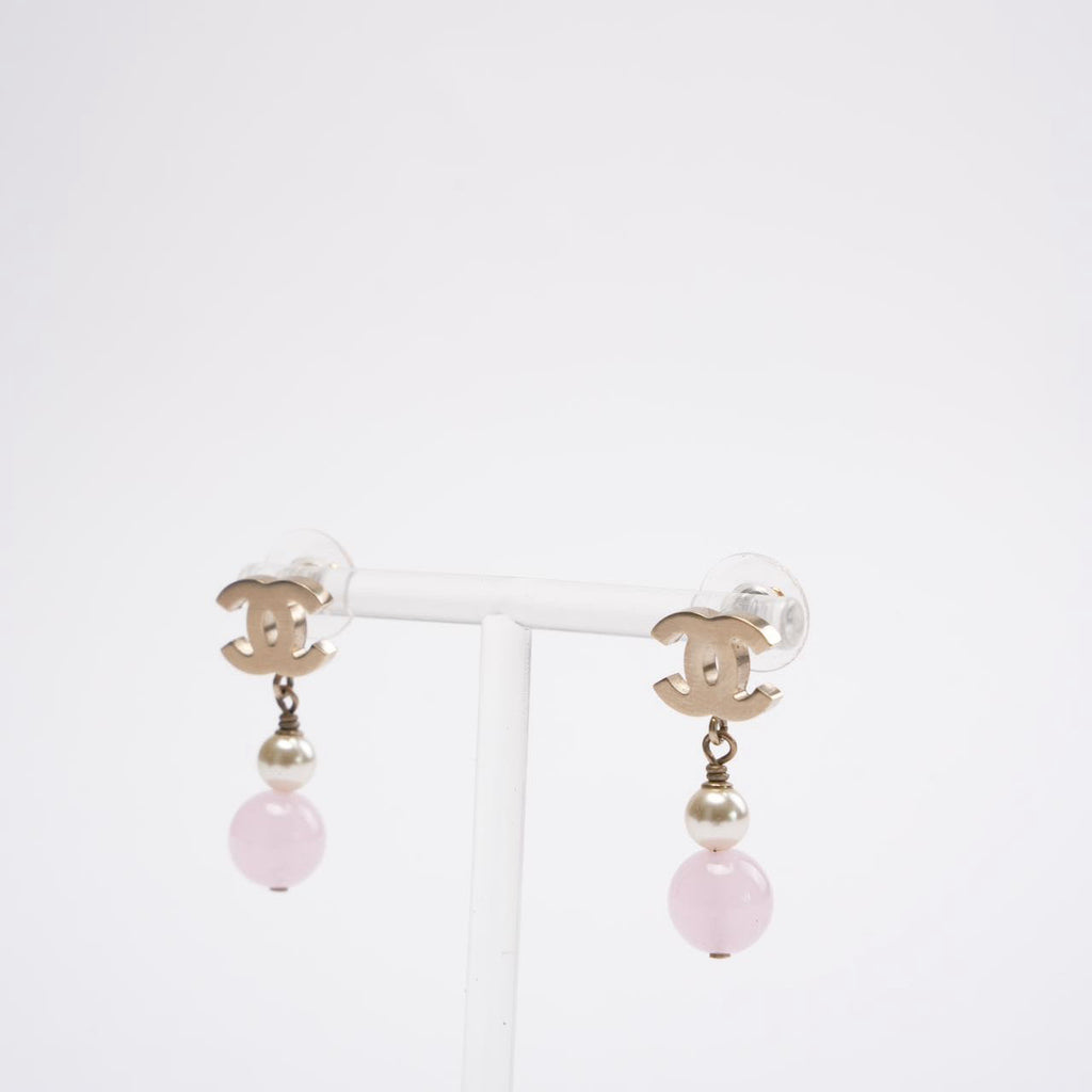 Chanel Gold Plated Faux Pearl & Pink Bead CC Drop Earrings