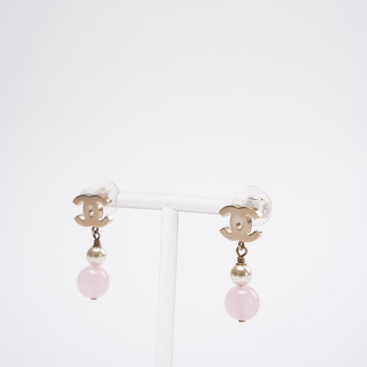 Chanel Gold Plated Faux Pearl & Pink Bead CC Drop Earrings