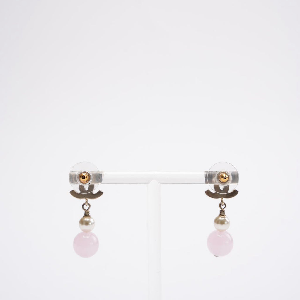 Chanel Gold Plated Faux Pearl & Pink Bead CC Drop Earrings