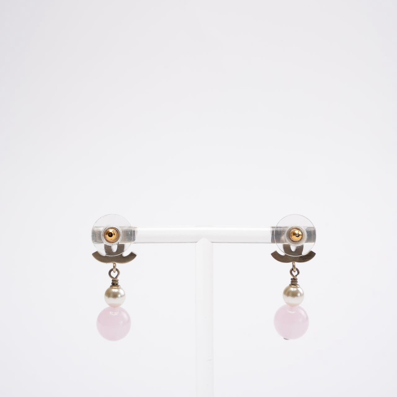 Chanel Gold Plated Faux Pearl & Pink Bead CC Drop Earrings