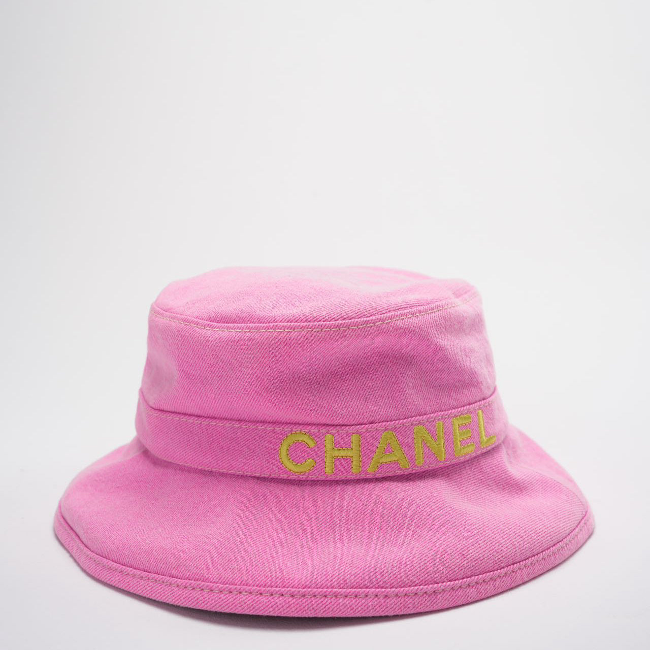 Chanel Denim Bucket Hat in Pink with Yellow Chanel Logo Size M