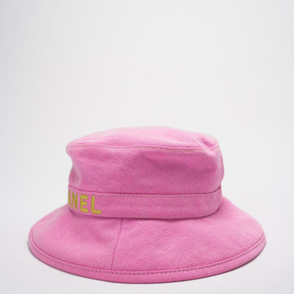 Chanel Denim Bucket Hat in Pink with Yellow Chanel Logo Size M