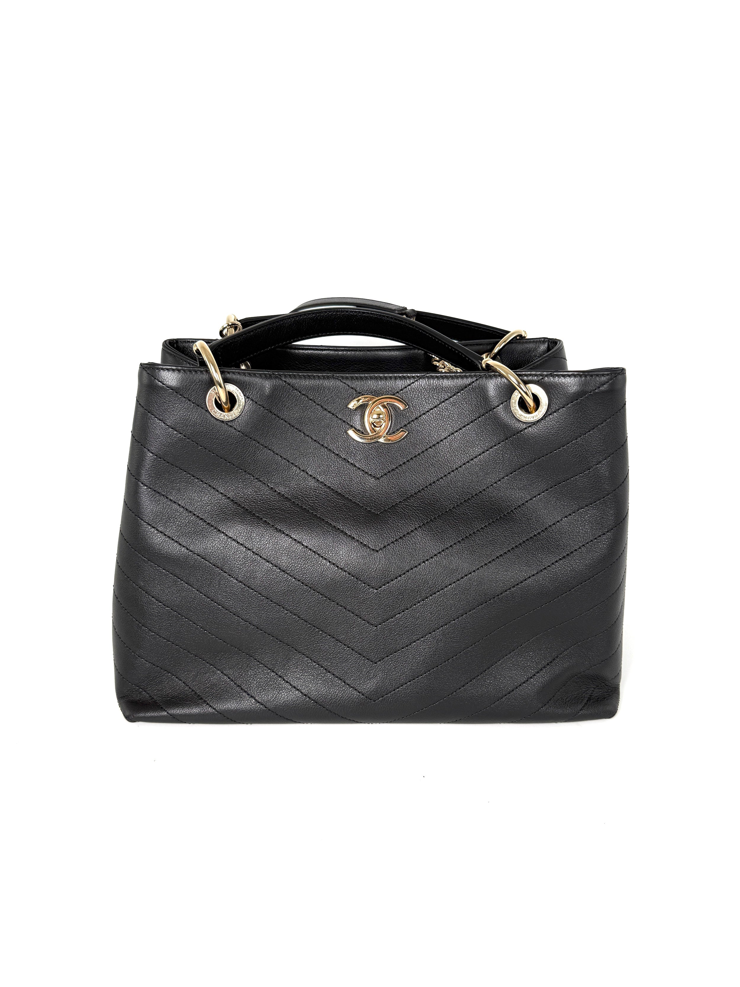 CHANEL Large Chevron Stitched Chic Shopping Black Calfskin Leather Tote Bag