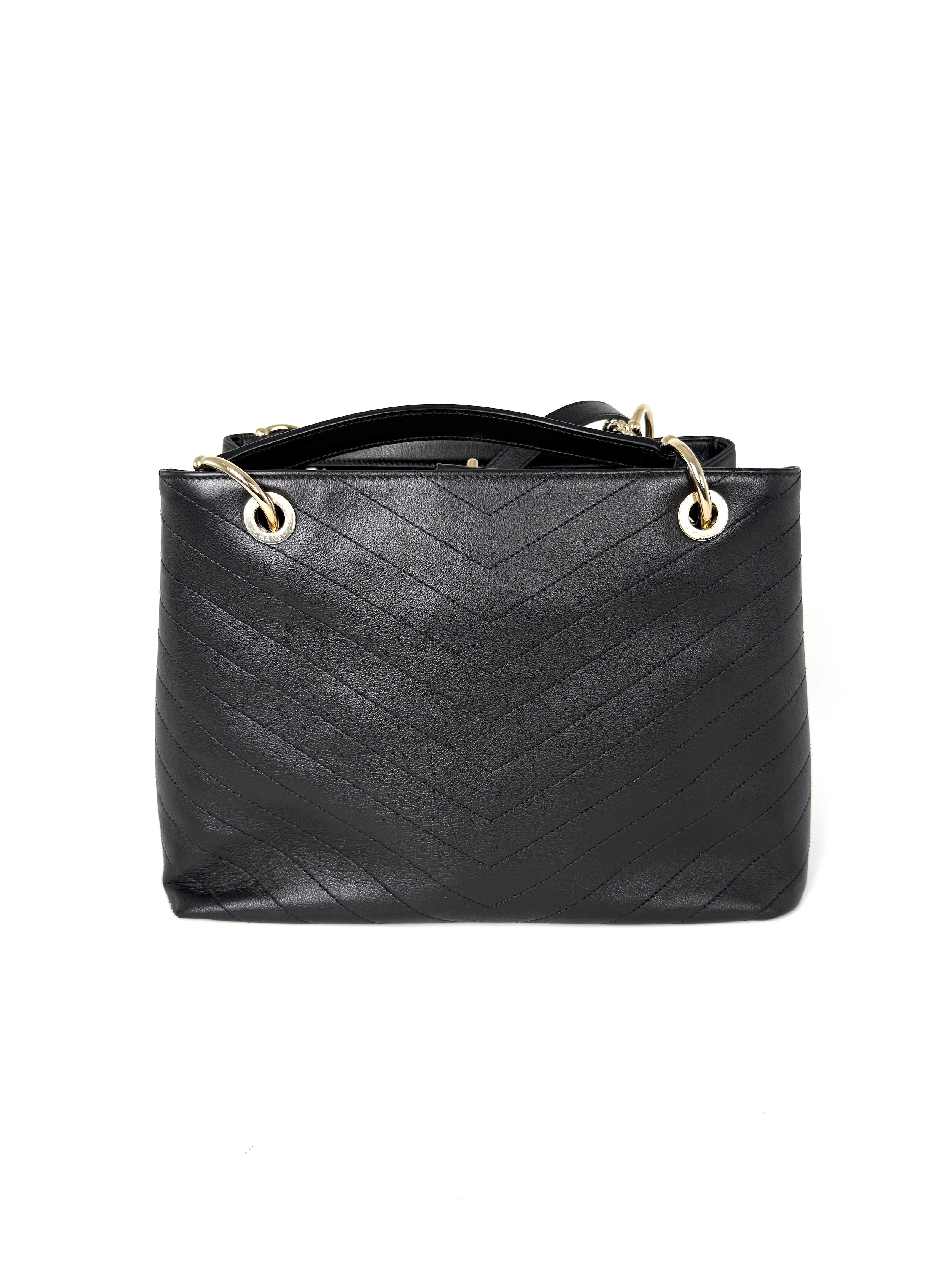 CHANEL Large Chevron Stitched Chic Shopping Black Calfskin Leather Tote Bag