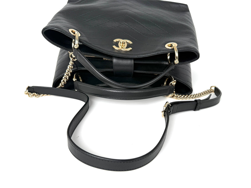 CHANEL Large Chevron Stitched Chic Shopping Black Calfskin Leather Tote Bag