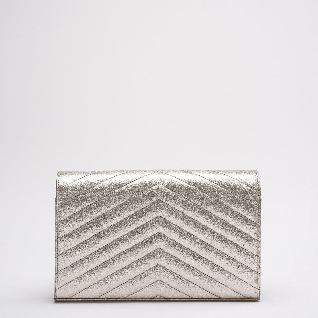 Saint Laurent Silver Chevron Monogram Envelope Chain Wallet