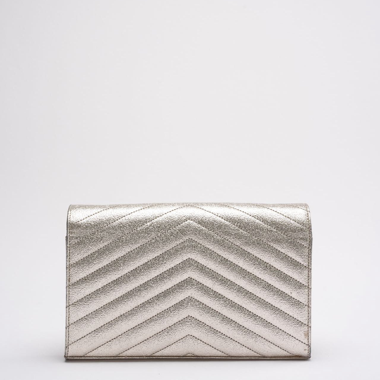 Saint Laurent Silver Chevron Monogram Envelope Chain Wallet