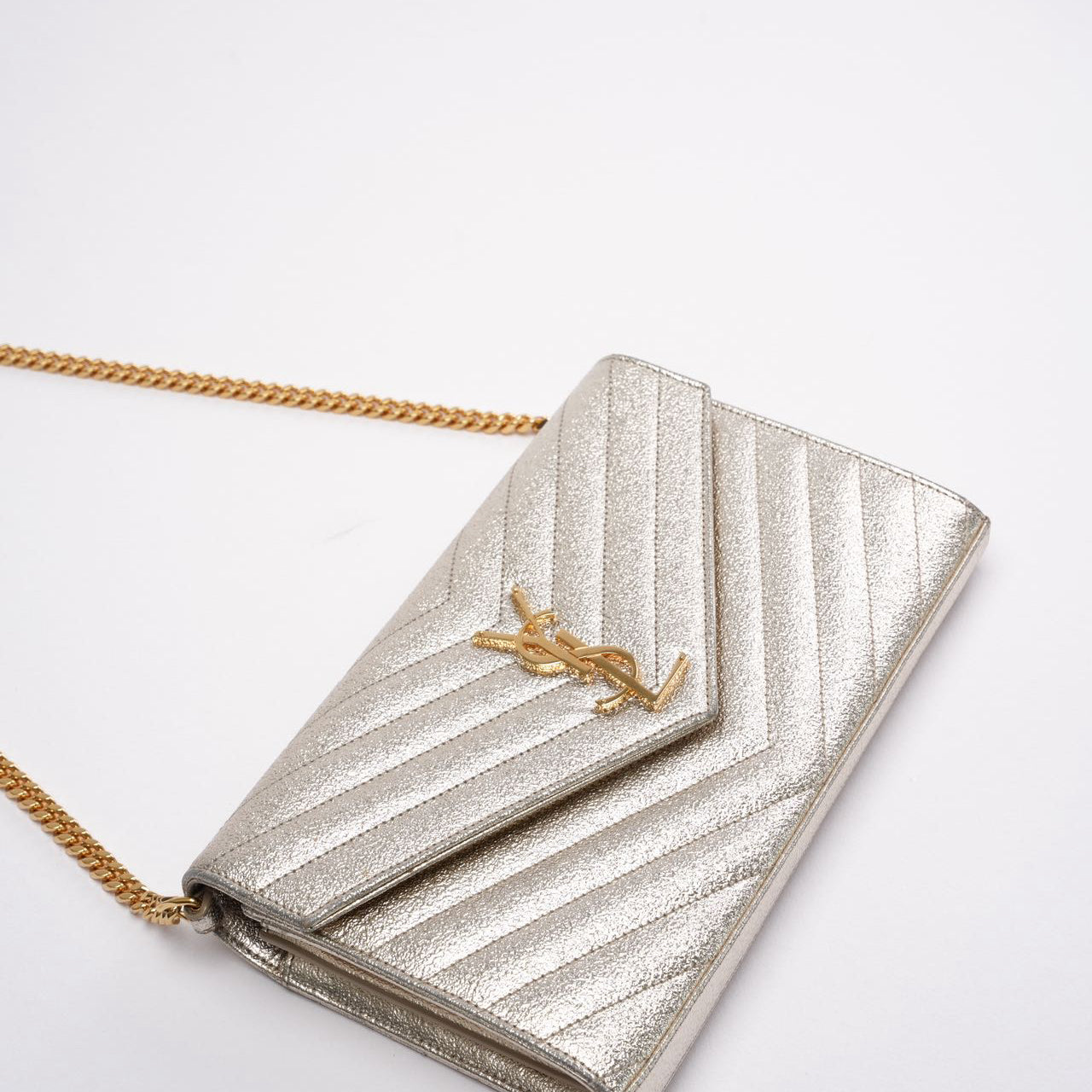 Saint Laurent Silver Chevron Monogram Envelope Chain Wallet