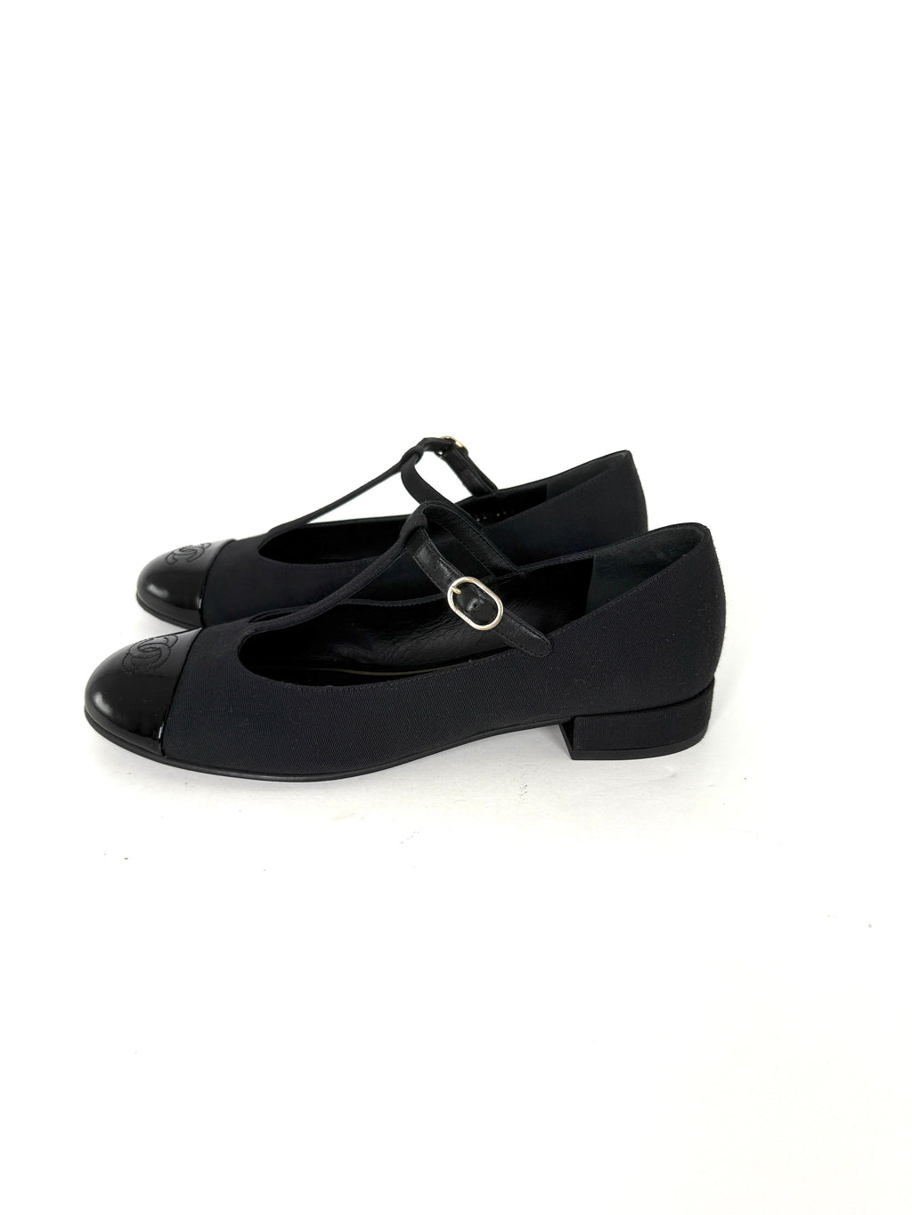 CHANEL Cap Toe Mary Jane Satin Patent Leather CC Logo Low Heel Pumps 39 8.5