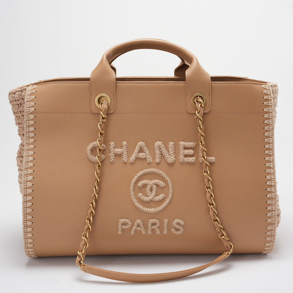 Chanel Deauville Tote Bag in Camel Calfskin Knit with Gold-Tone Hardware Medium