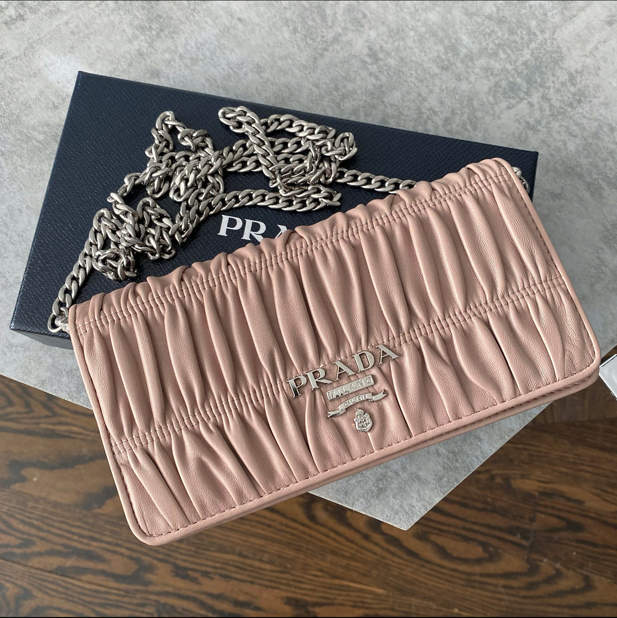 Prada Mini Nude Leather Gaufre Pleat Wallet on Chain