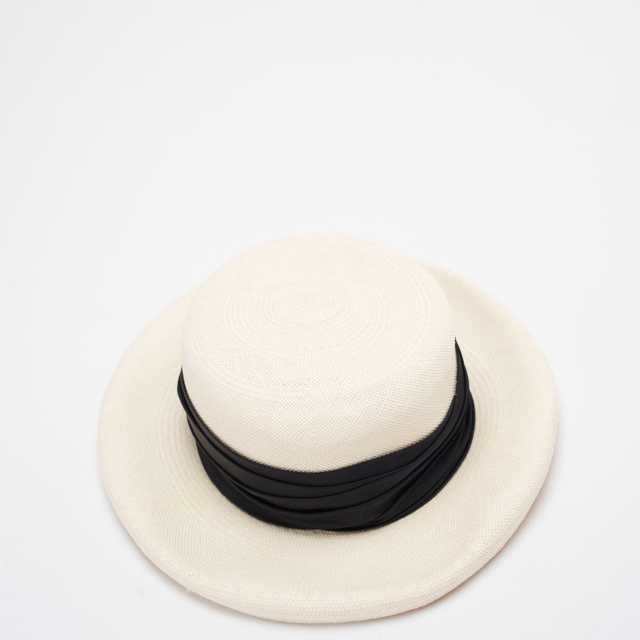 Chanel Straw Boater Hat in White and Black with CC Logo – Size M
