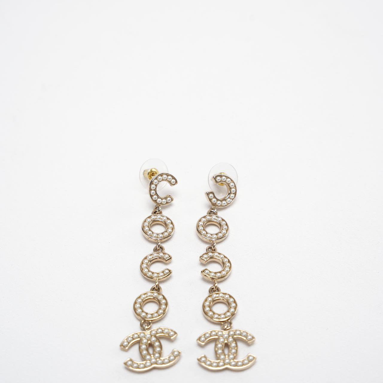 Chanel Coco Drop Earrings Pearl Crystal CC in Gold