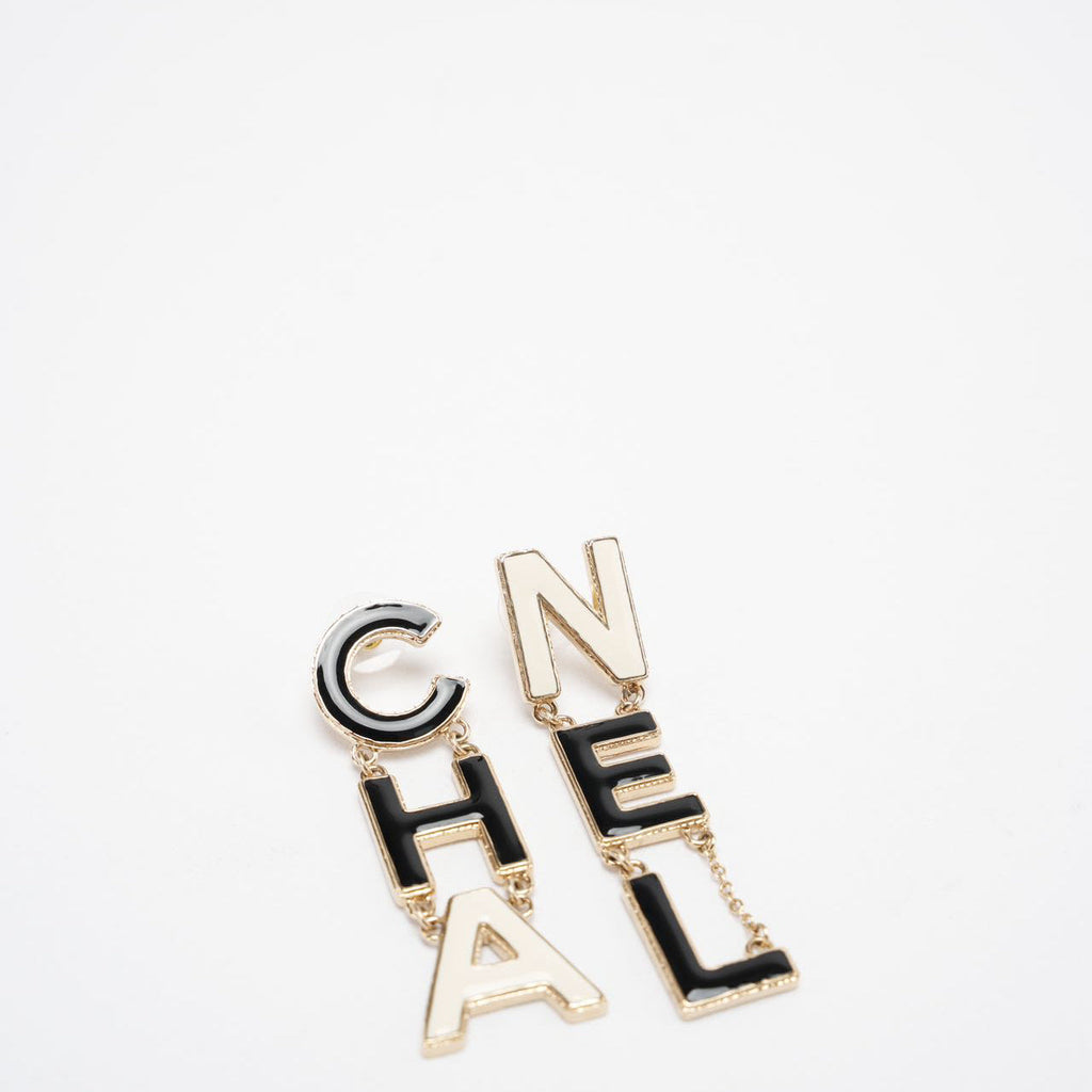 Chanel Cha-Nel Logo Drop Earrings Letter in Brass & Enamel – 2022 Collection