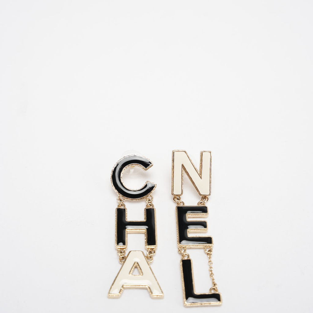 Chanel Cha-Nel Logo Drop Earrings Letter in Brass & Enamel – 2022 Collection