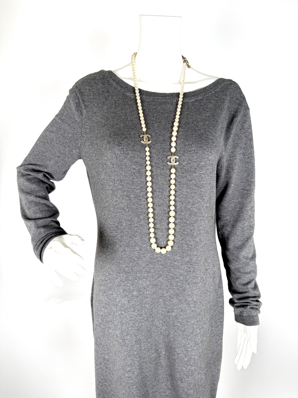 CHANEL Faux Pearl Graduated Long CC 2014 Strass Station Necklace